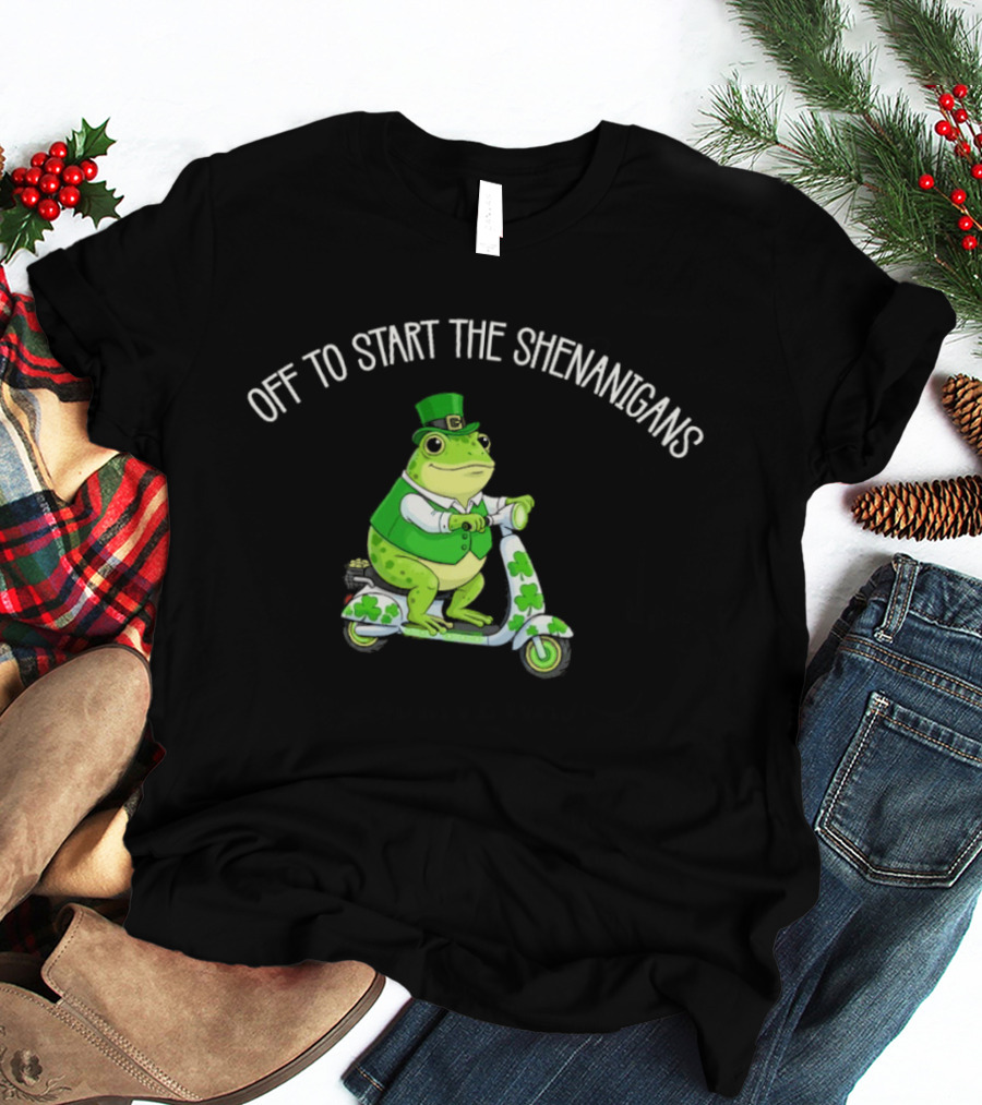 Off To Start The Shenanigans Frog Scooter St. Patrick's Day T-Shirt