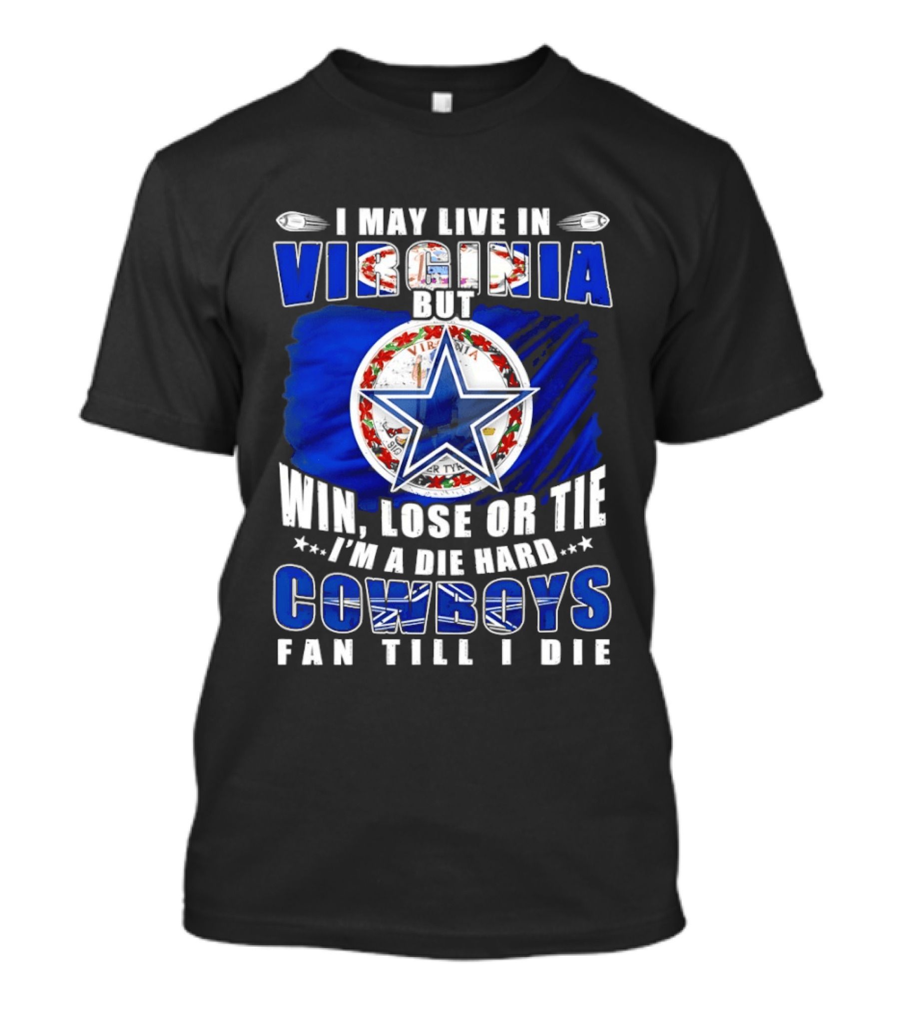 I May Live In Virginia But Win Lose Or Tie I'm A Die Hard Cowboys Fan Till I Die T-Shirt