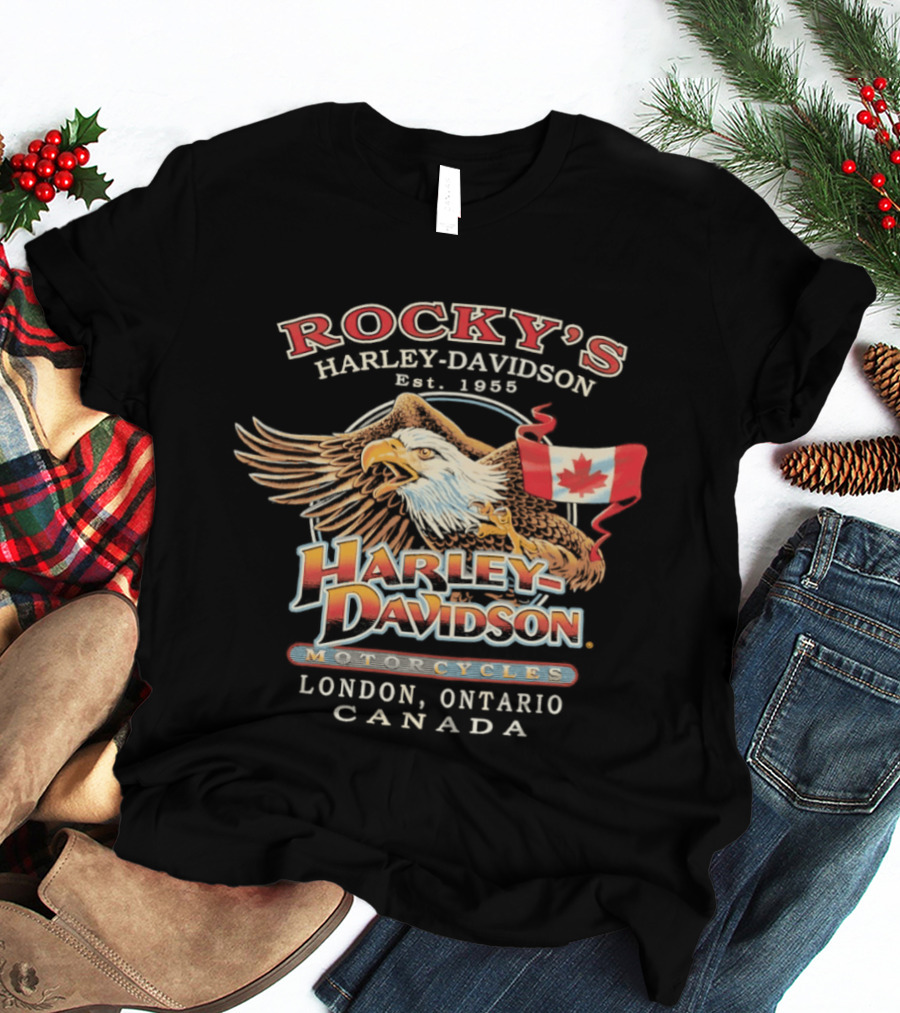 Rocky's Harley Davidson Motorcycles Est 1955 Eagle Canadian Flag London Ontario Canada T-Shirt