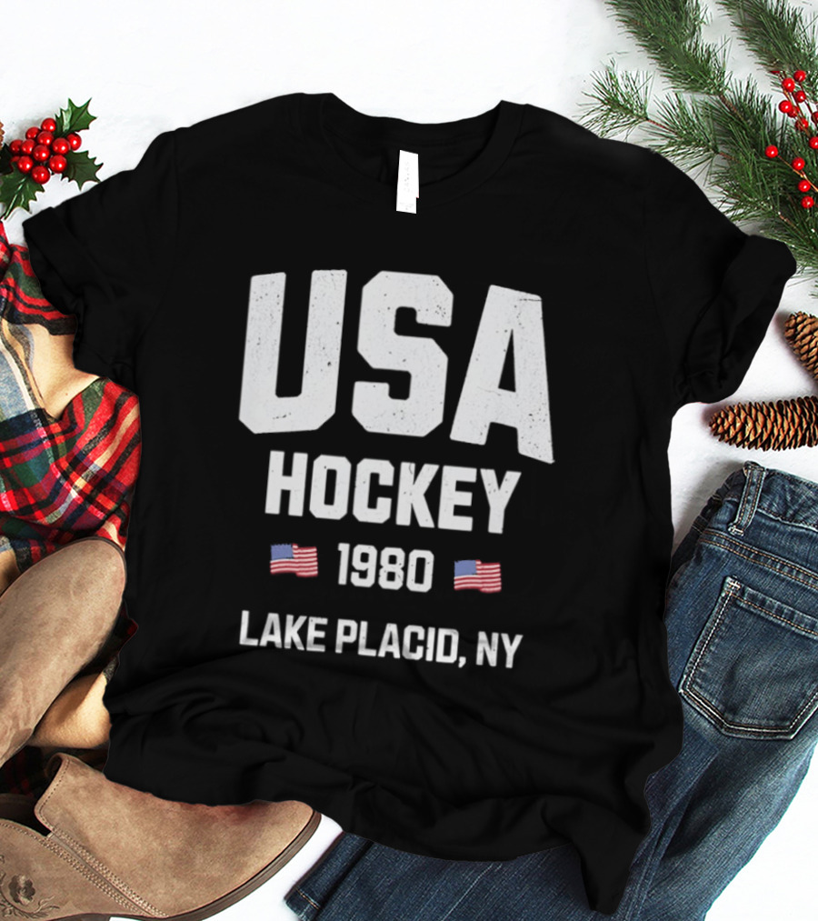 USA Hockey 1980 Lake Placid NY American Flags T-Shirt