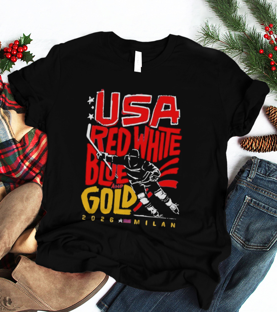 USA Hockey Red White Blue Gold 2026 Milan Sports Event T-Shirt