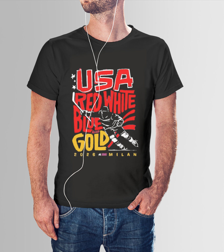 USA Hockey Red White Blue Gold 2026 Milan Sports Event T-Shirt