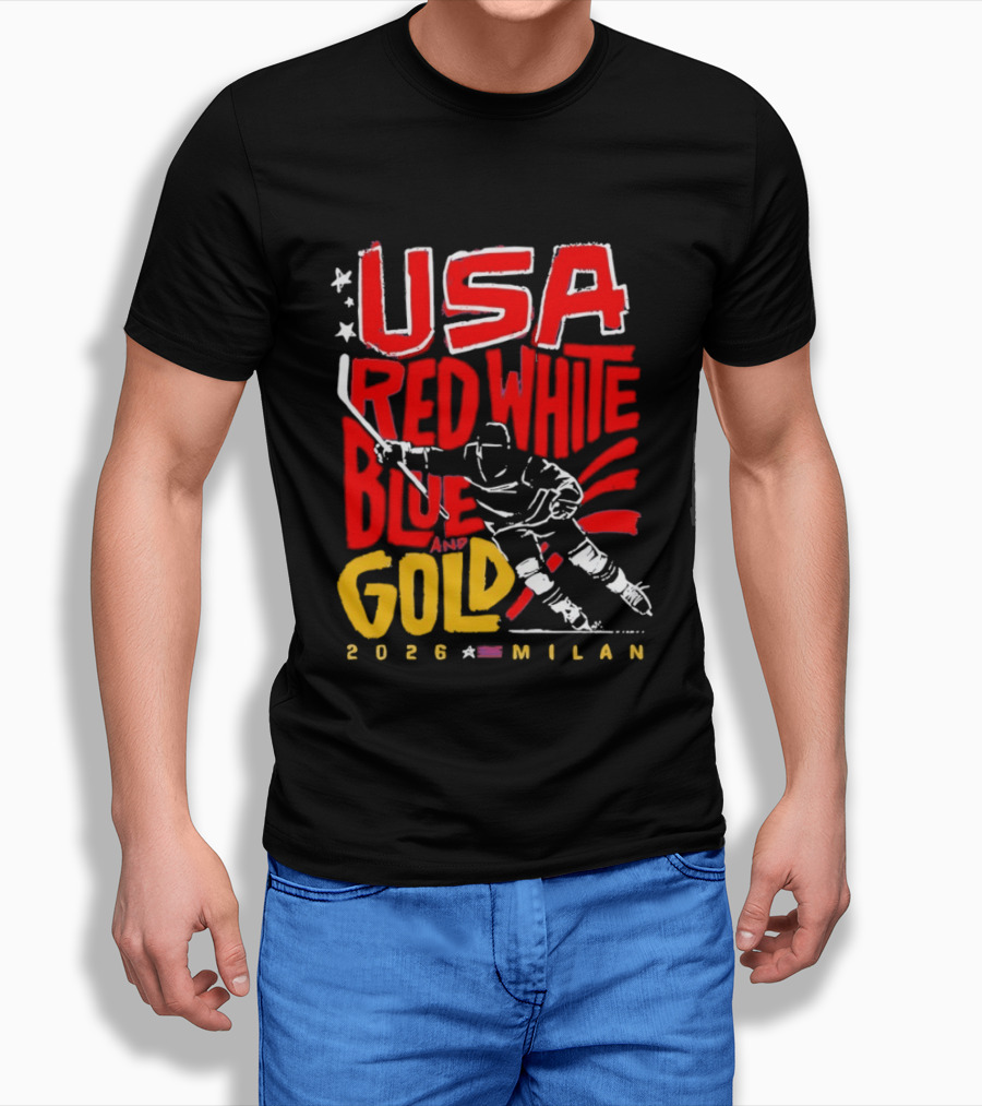 USA Hockey Red White Blue Gold 2026 Milan Sports Event T-Shirt