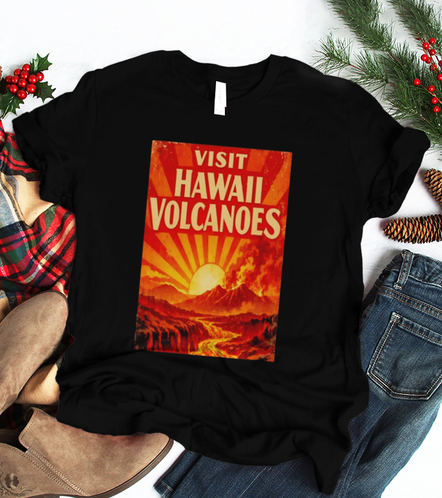 Visit Hawaii Volcanoes Vintage Travel With Erupting Mountain And Sunset Rays T-Shirt