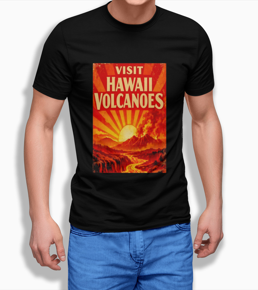 Visit Hawaii Volcanoes Vintage Travel With Erupting Mountain And Sunset Rays T-Shirt