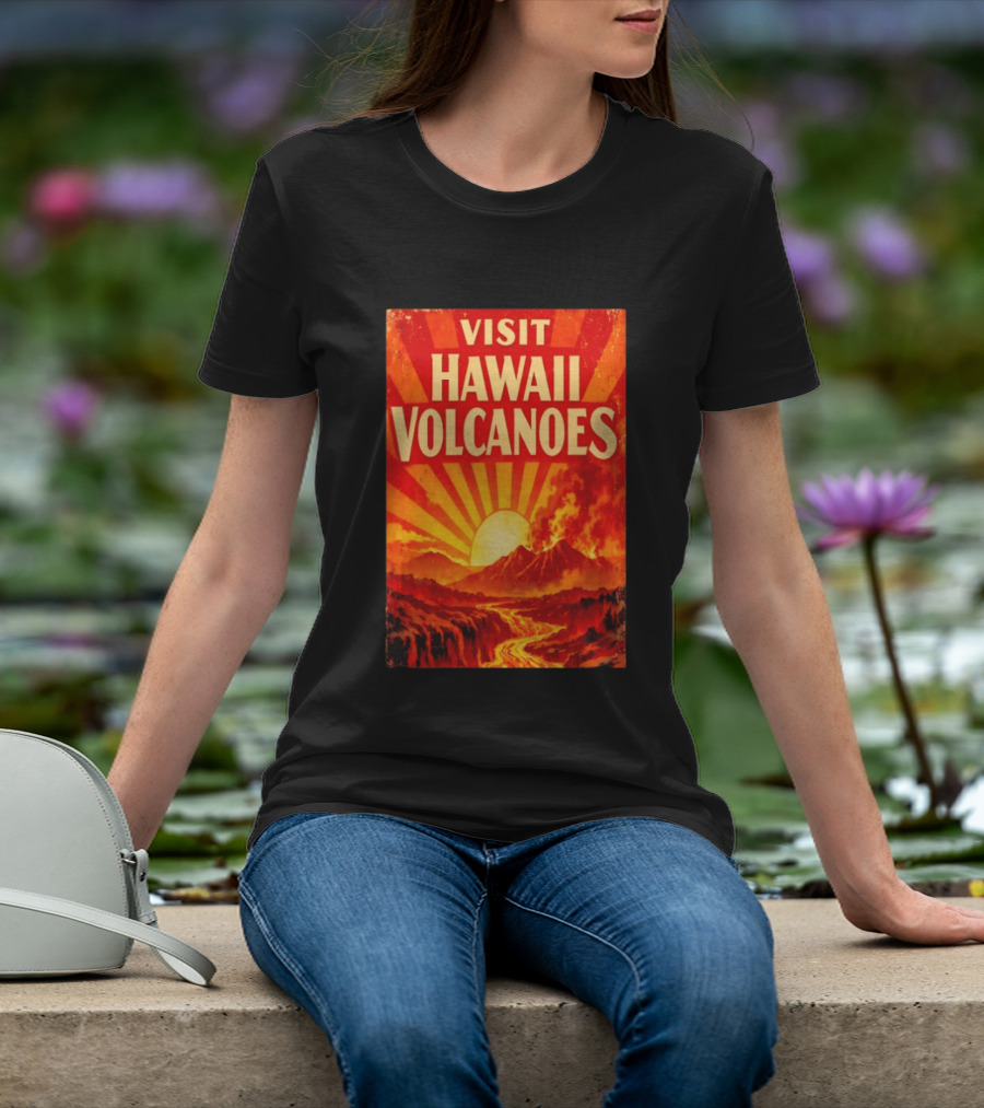 Visit Hawaii Volcanoes Vintage Travel With Erupting Mountain And Sunset Rays T-Shirt