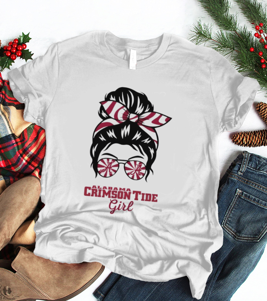 Alabama Crimson Tide Girl Messy Bun With Glasses And Bow T-Shirt