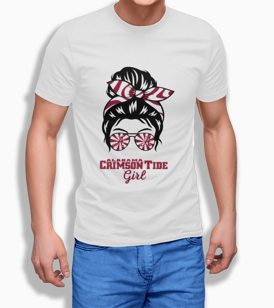 Alabama Crimson Tide Girl Messy Bun With Glasses And Bow T-Shirt
