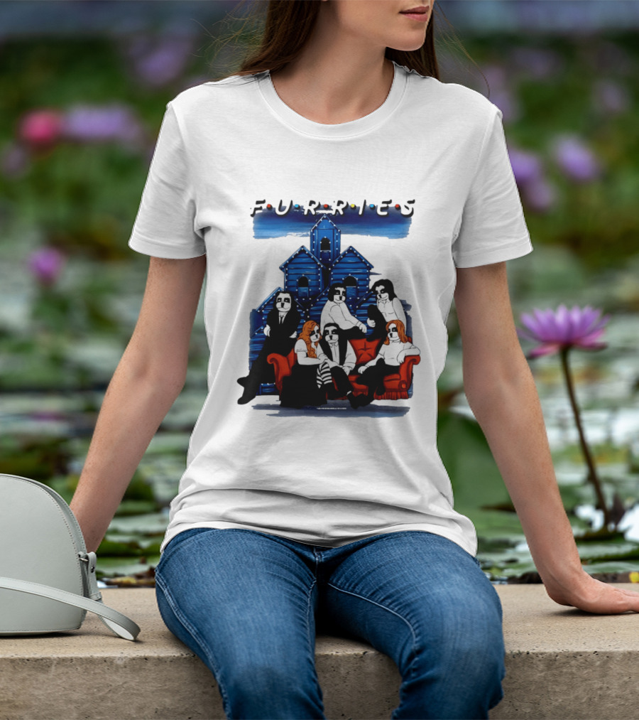 Furries Friends Group Sitting In Front Of Blue Houses T-Shirt