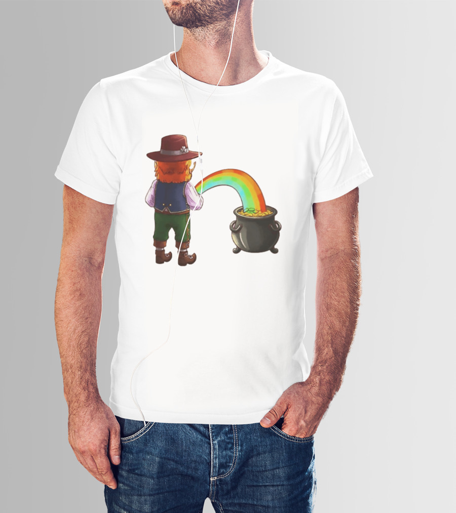 St Patricks Day Leprechaun Pissing Rainbow Into Pot Of Gold Meme T-Shirt