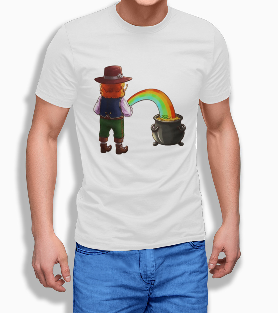 St Patricks Day Leprechaun Pissing Rainbow Into Pot Of Gold Meme T-Shirt