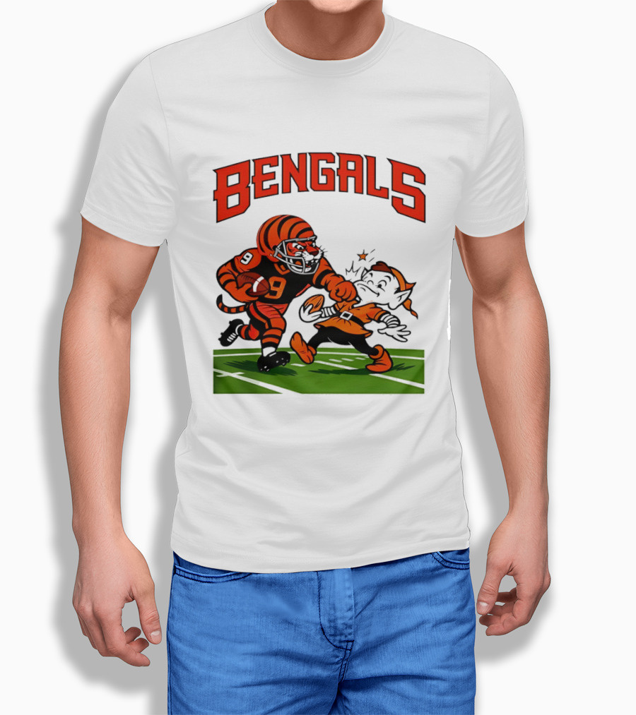 Bengals Tiger Player Tackling Browns Elf Cleveland Rivalry T-Shirt