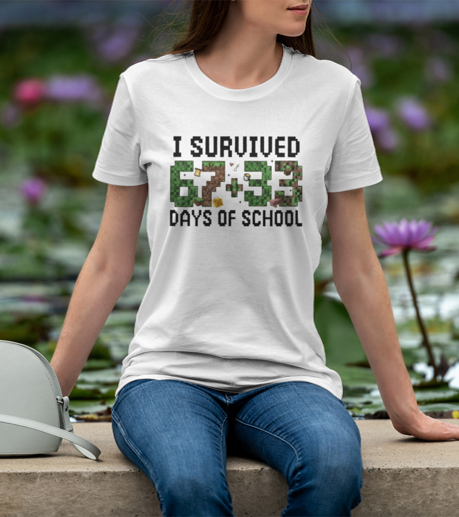 I Survived 67 Plus 33 Days Of School Minecraft Style Blocks T-Shirt