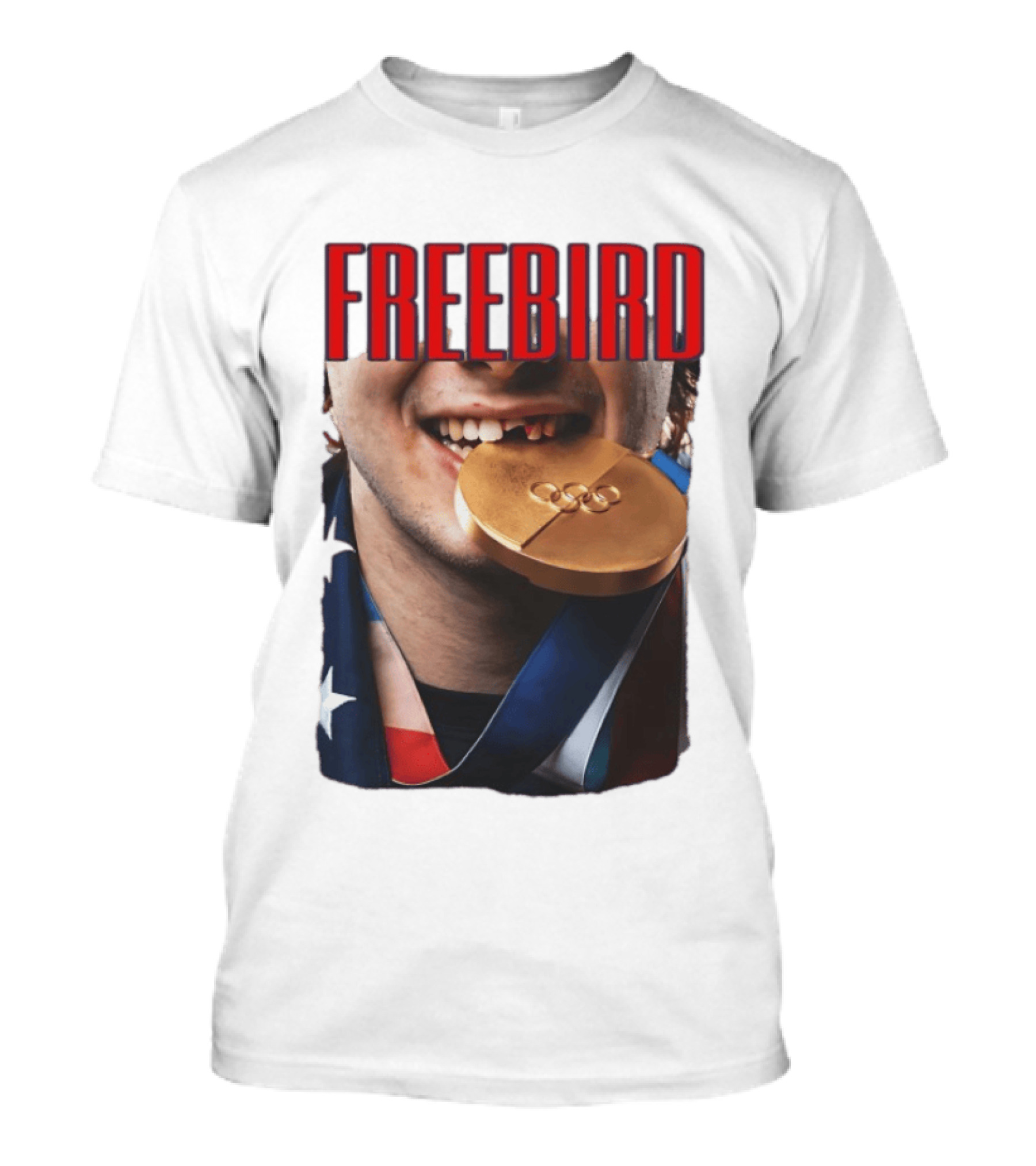 Jack Hughes Freebird Golden Smile Olympic Medal Bite T-Shirt