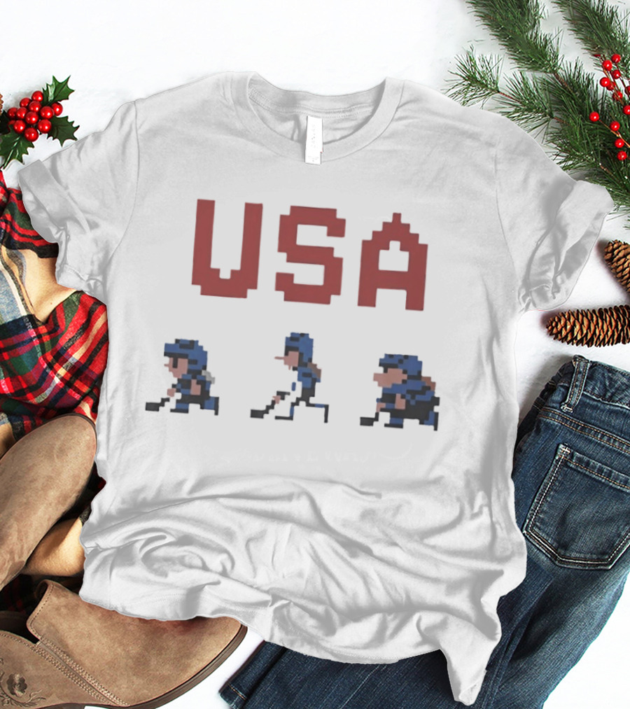 USA Hockey 8 Bit Pixel Characters Retro Sports T-Shirt