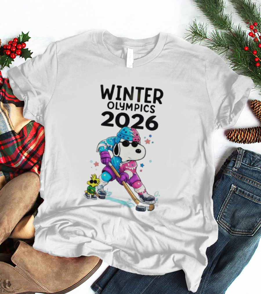 Snoopy Woodstock Winter Olympics 2026 Ice Hockey Milano Cortina T-Shirt