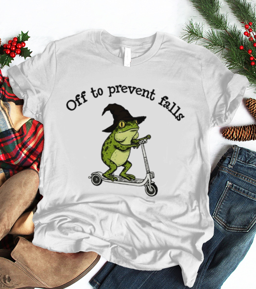 Off To Prevent Falls Frog Scooter Witch Hat Fun Physical Therapy T-Shirt