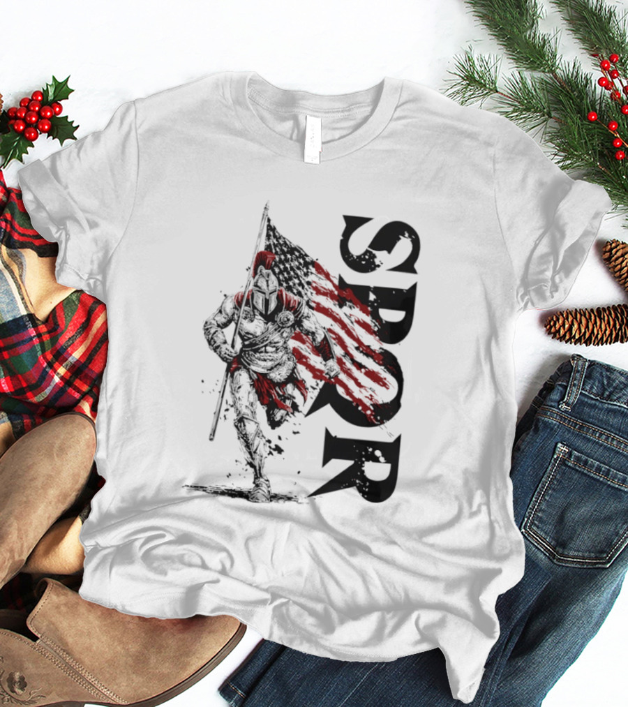 SPQR Roman Legion Knight With USA Flag T-Shirt