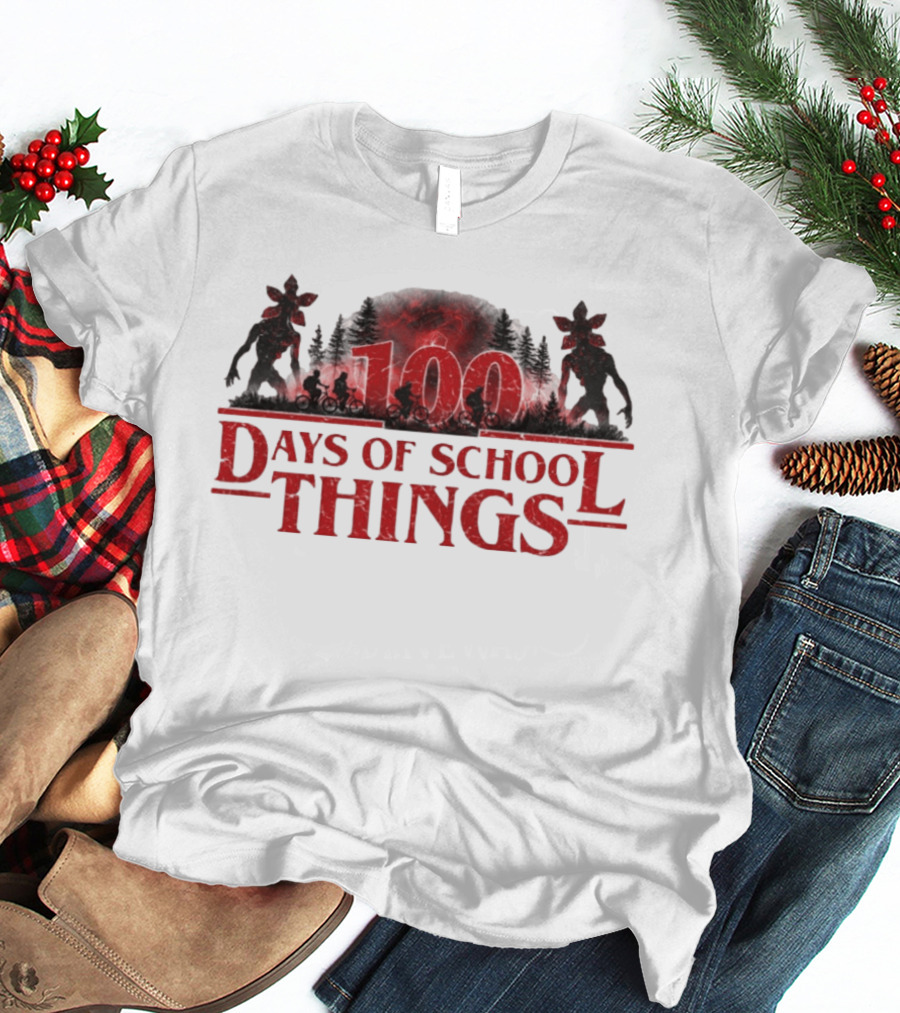 100 Days Of School Things Stranger Things Biking Adventure With Demogorgon T-Shirt