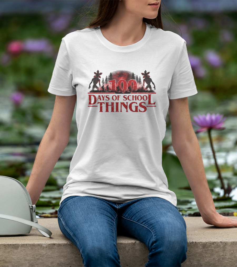100 Days Of School Things Stranger Things Biking Adventure With Demogorgon T-Shirt