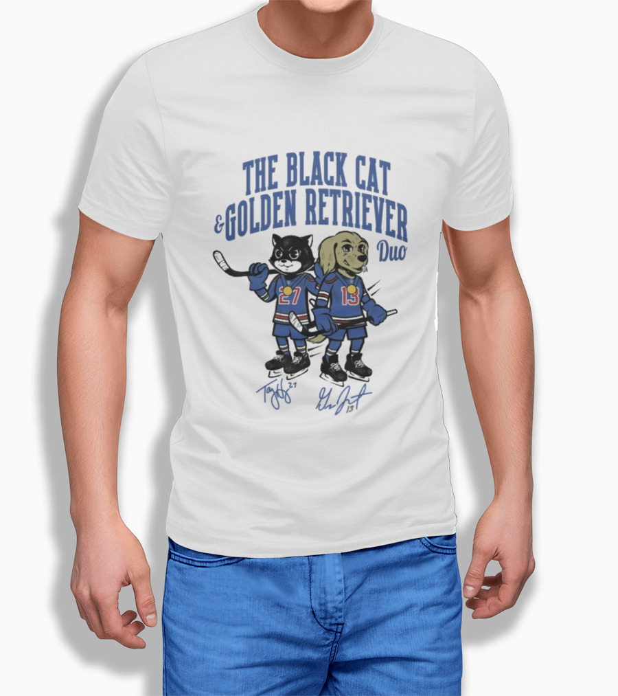 The Black Cat And Golden Retriever Duo Hockey Team 27 13 T-Shirt