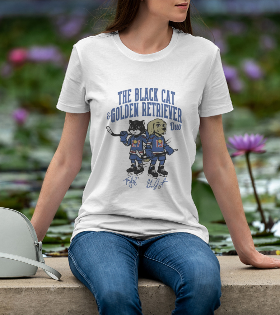 The Black Cat And Golden Retriever Duo Hockey Team 27 13 T-Shirt