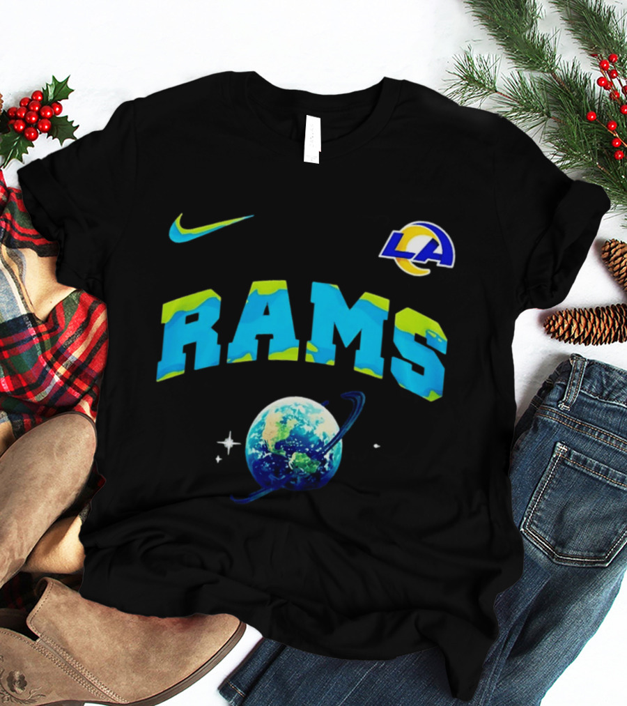 Los Angeles Rams Earth Day One Planet One Goal Nike Collaboration With LA Logo And Planet T-Shirt