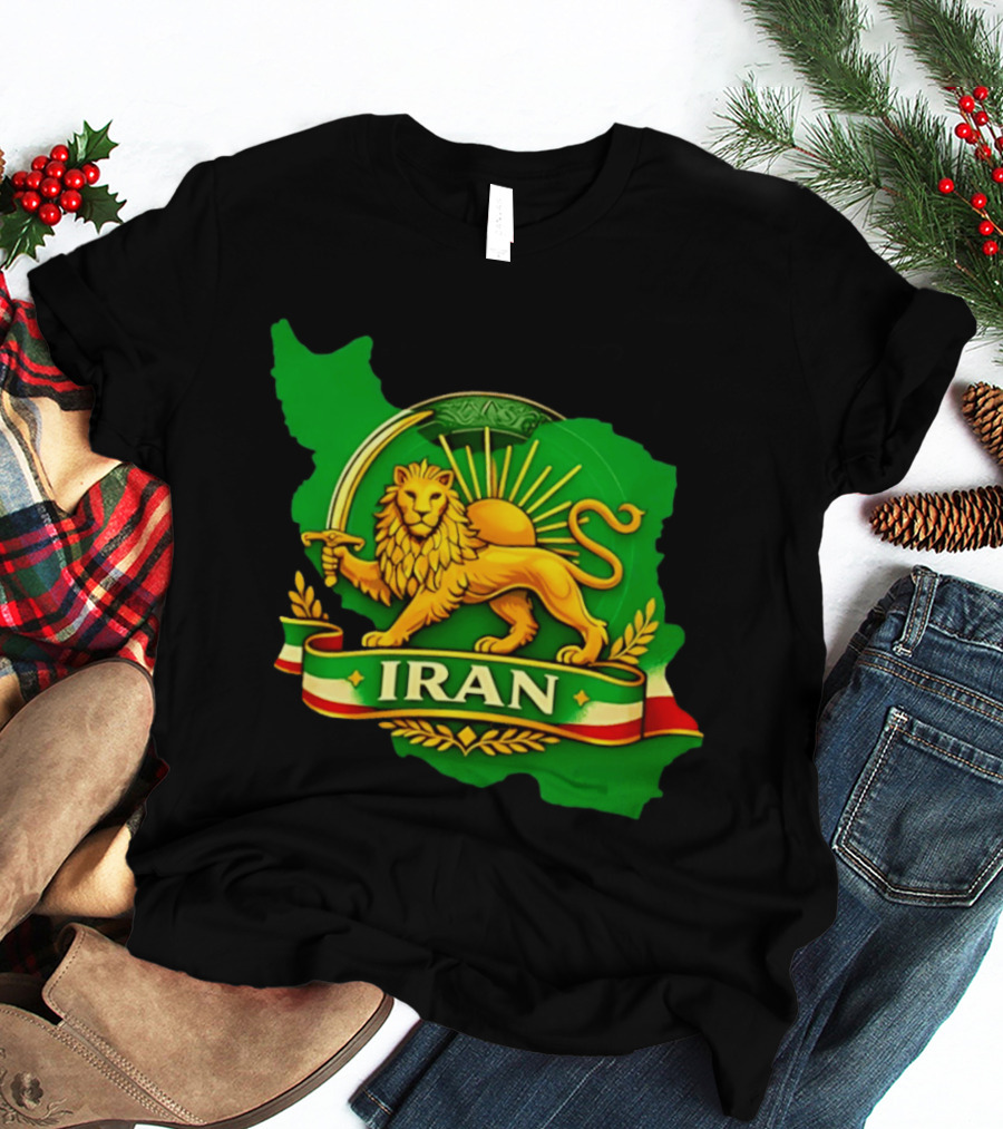 Iran Lion And Sun Emblem On Map Of Iran With National T-Shirt