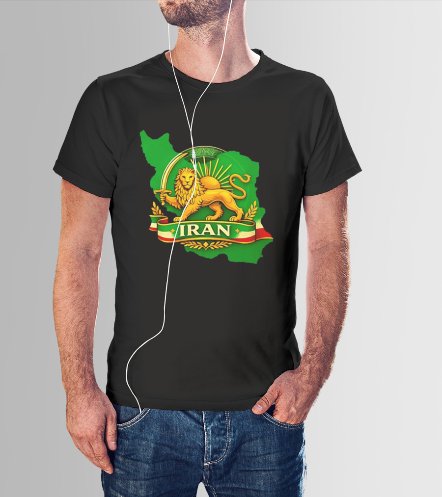 Iran Lion And Sun Emblem On Map Of Iran With National T-Shirt