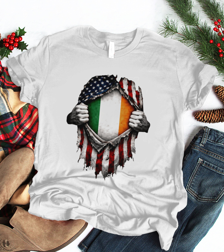 Irish Inside American Flag Tear With Ireland Flag T-Shirt
