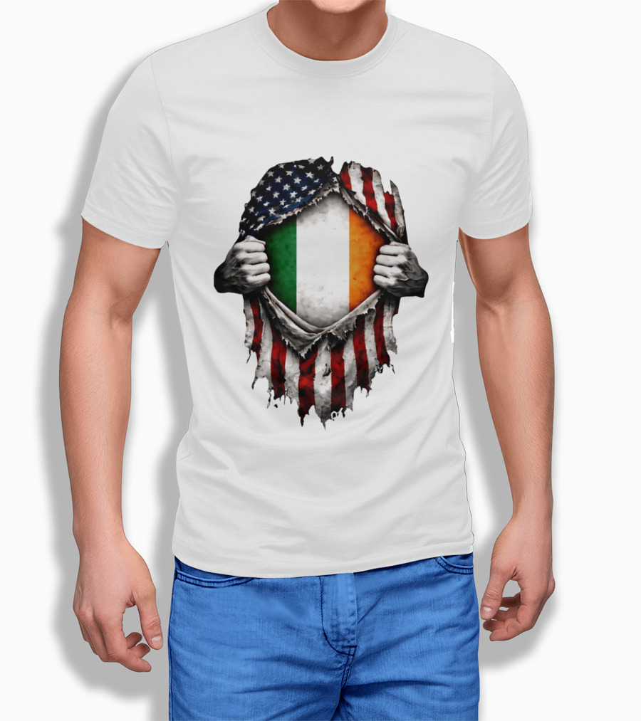 Irish Inside American Flag Tear With Ireland Flag T-Shirt