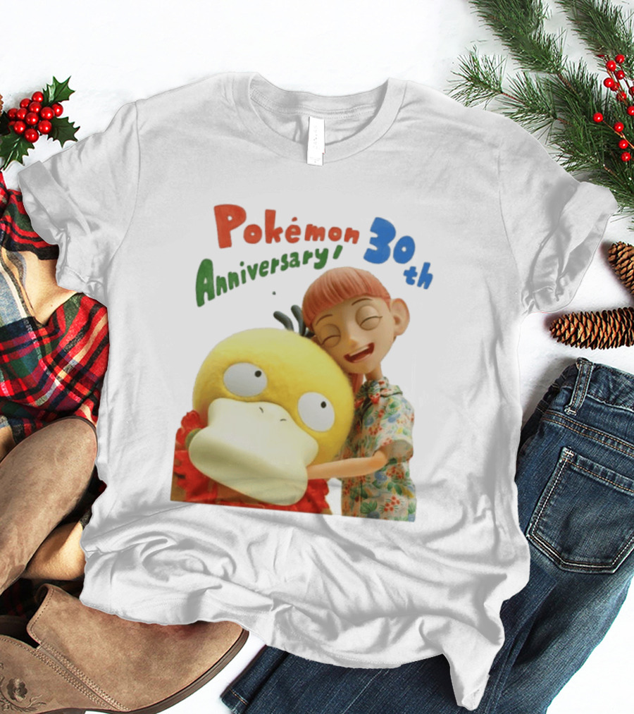 Pokémon 30th Anniversary Pokémon Concierge Psyduck Hugging Celebration T-Shirt