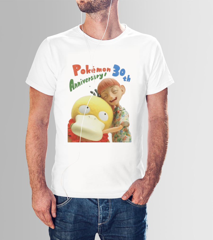 Pokémon 30th Anniversary Pokémon Concierge Psyduck Hugging Celebration T-Shirt