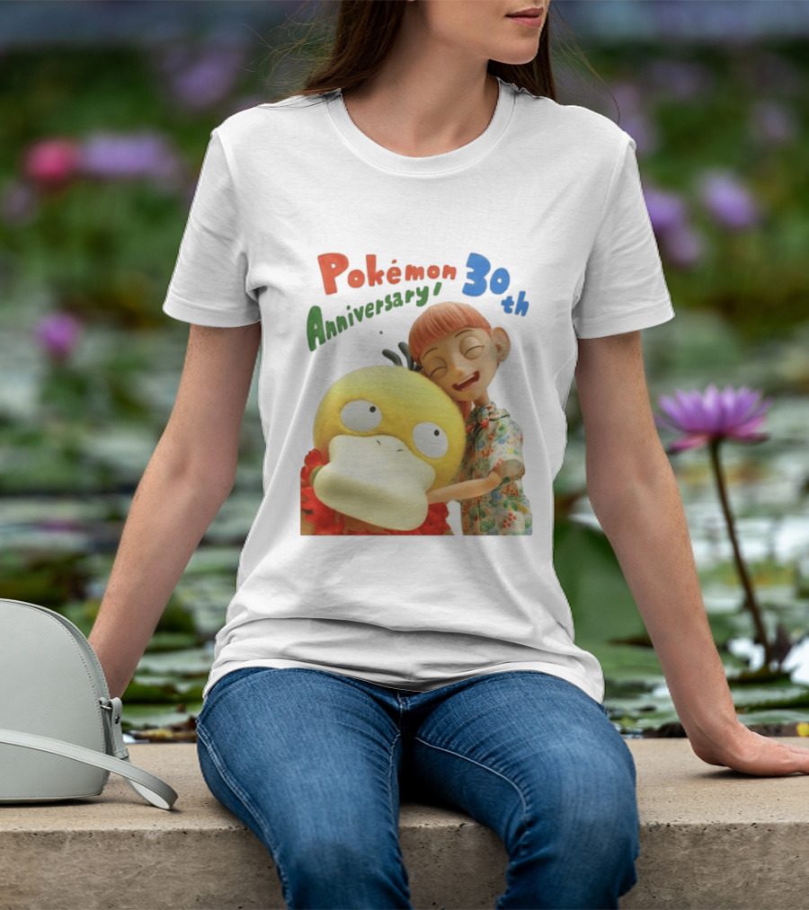 Pokémon 30th Anniversary Pokémon Concierge Psyduck Hugging Celebration T-Shirt