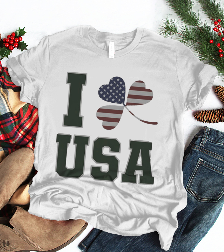 I Love USA St Patrick's Day Shamrock American Flag Heart T-Shirt