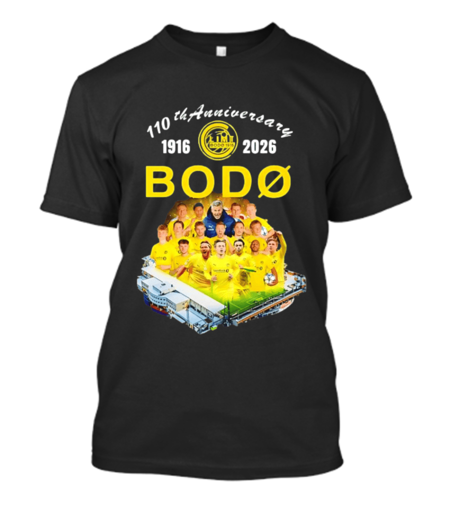 Bodø Glimt 110th Anniversary 1916 2026 Aspmyra Stadion Collage Featuring Players And Signatures T-Shirt