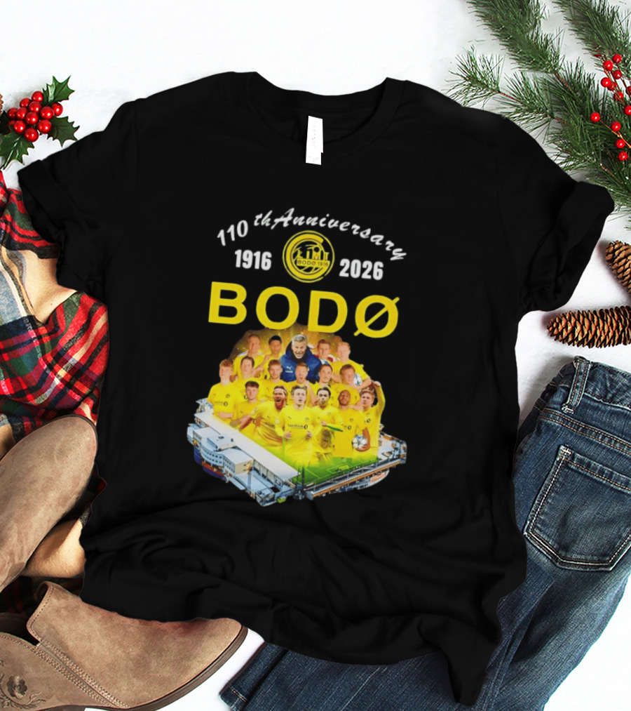 Bodø Glimt 110th Anniversary 1916 2026 Aspmyra Stadion Collage Featuring Players And Signatures T-Shirt