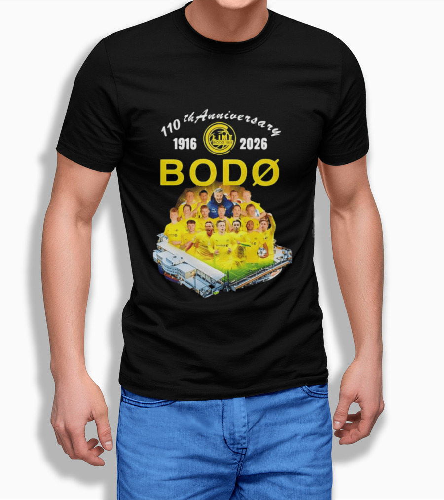 Bodø Glimt 110th Anniversary 1916 2026 Aspmyra Stadion Collage Featuring Players And Signatures T-Shirt