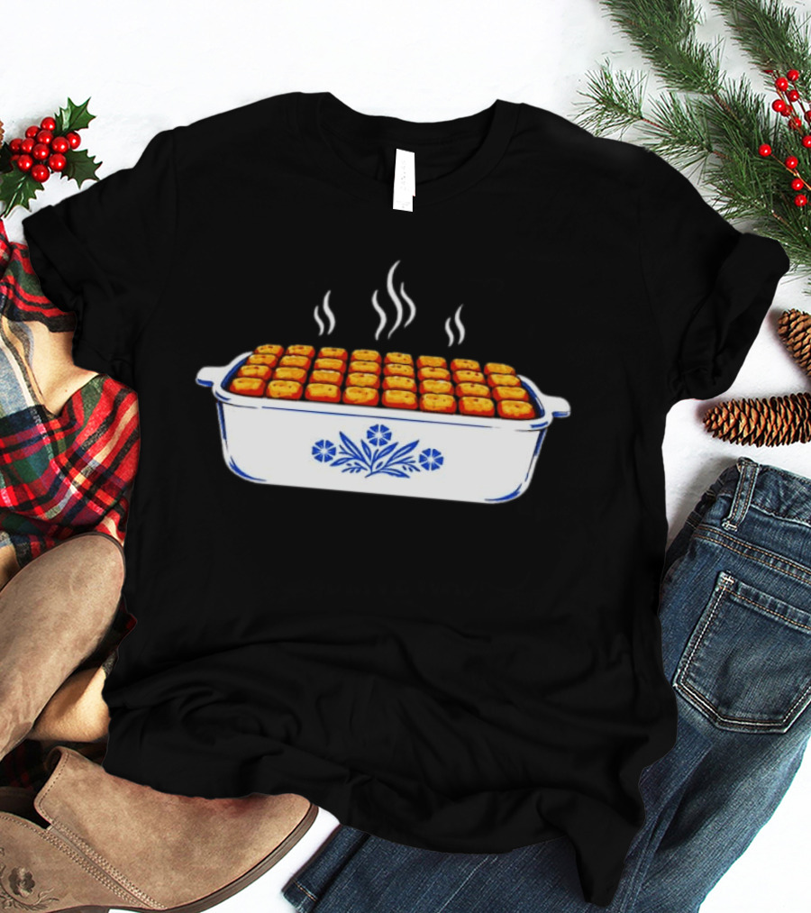 Steaming Cornflower Pattern Tater Tot Hotdish Recipe Minnesota Comfort Food T-Shirt