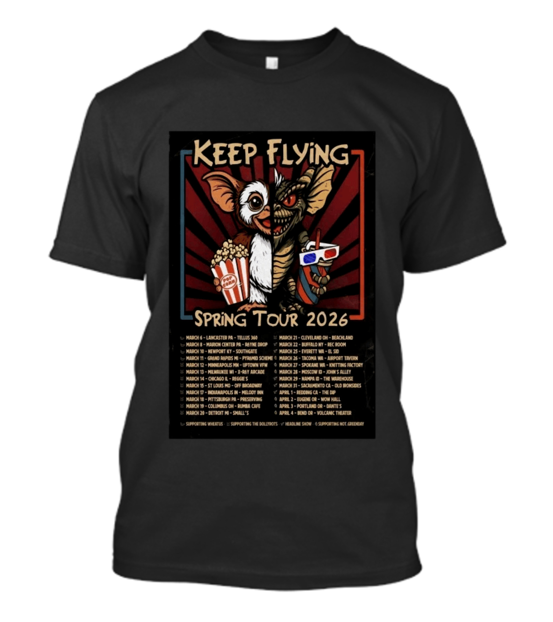 Keep Flying Spring Tour 2026 Gizmo And Gremlin Popcorn And Soda March Tour Dates T-Shirt