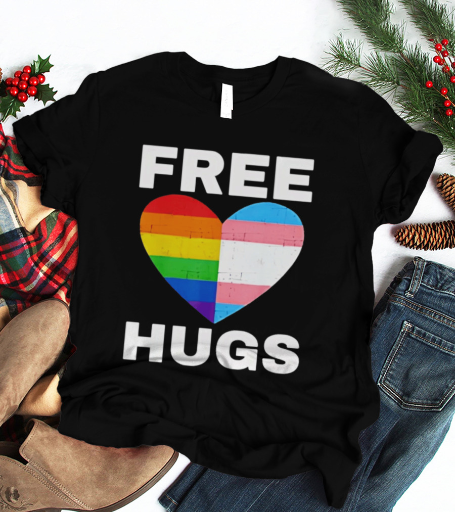 Free Hugs LGBTQ Rainbow Heart Pride T-Shirt