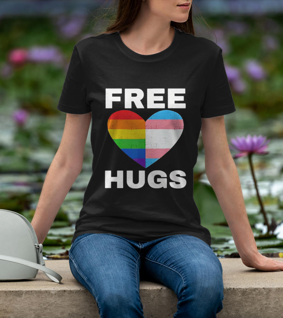 Free Hugs LGBTQ Rainbow Heart Pride T-Shirt