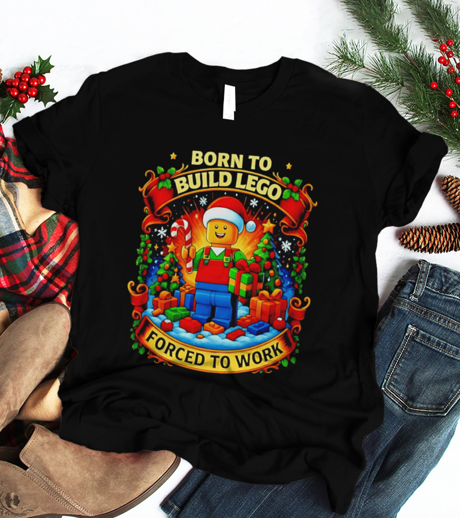 Santa Lego Born To Build Lego Forced To Work Christmas Cartoon T-Shirt