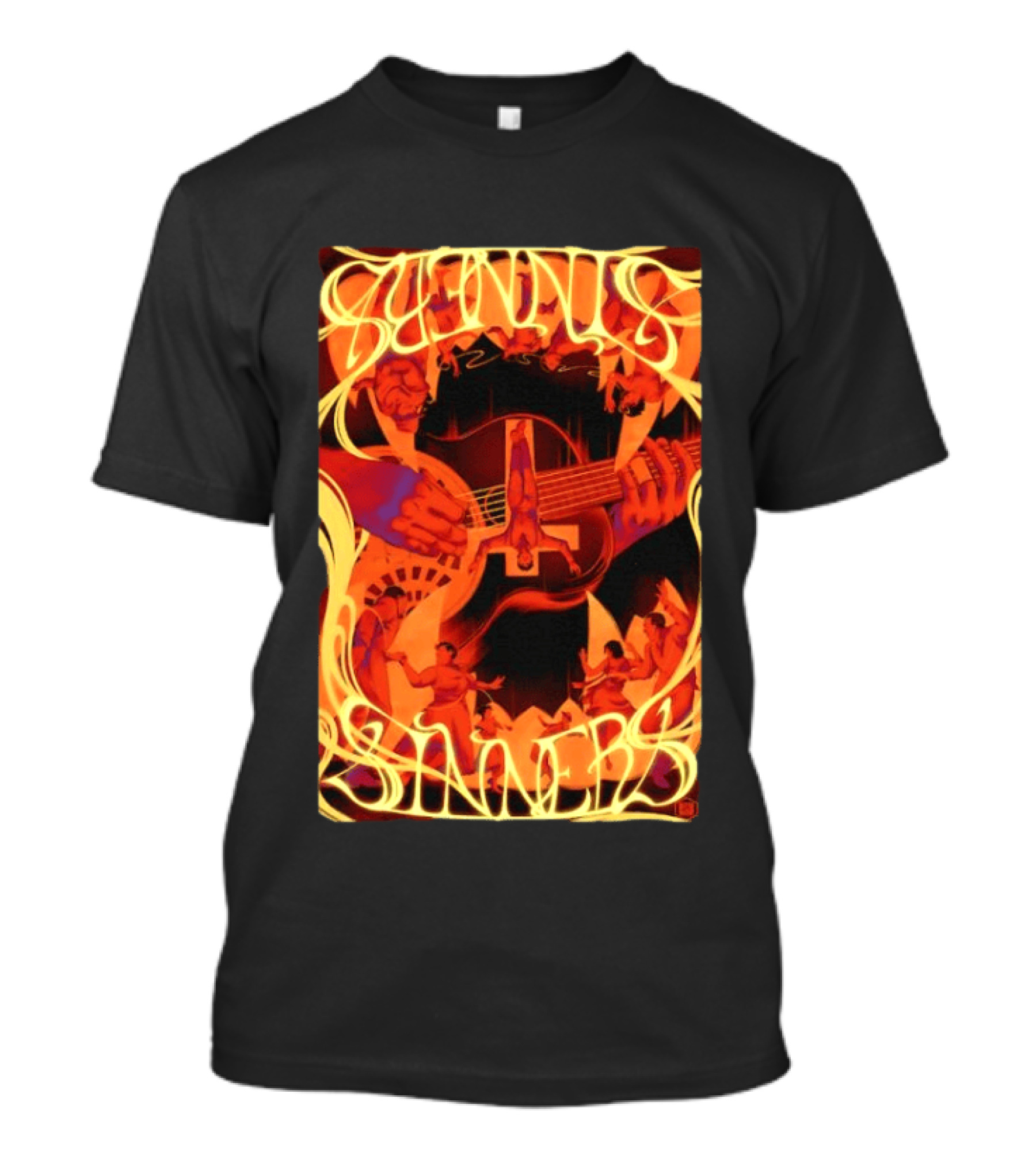 Sinners Pecadores Upside Down Guitar Person T-Shirt