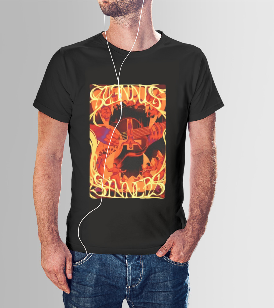 Sinners Pecadores Upside Down Guitar Person T-Shirt