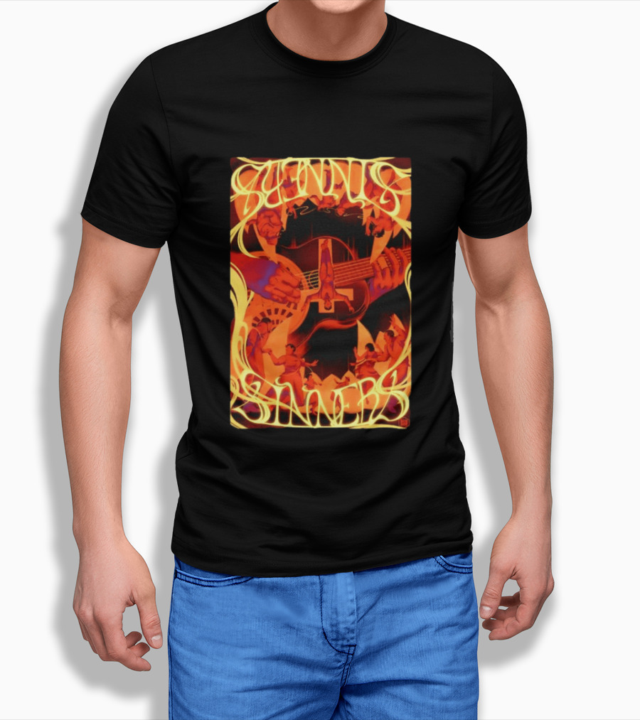 Sinners Pecadores Upside Down Guitar Person T-Shirt