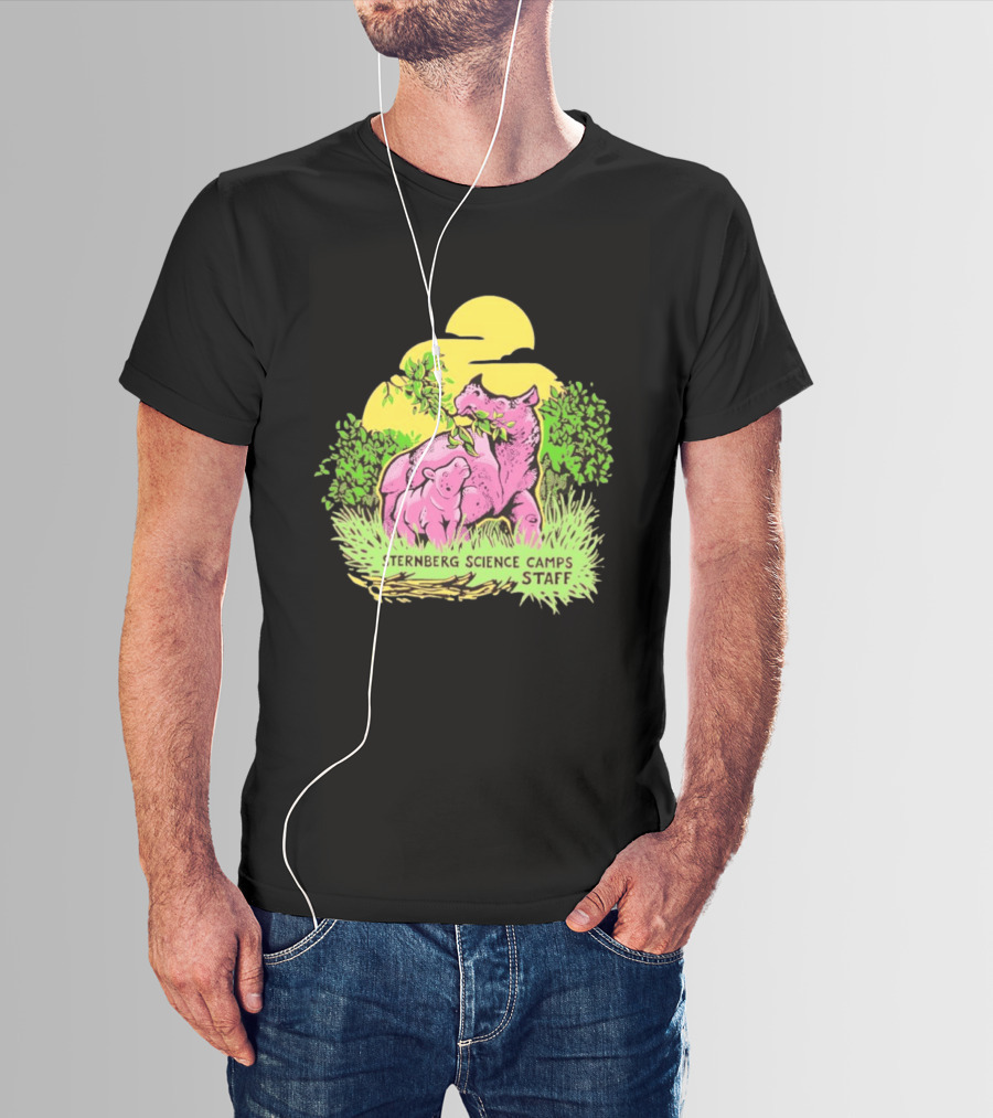 Sternberg Science Camps Staff Pink Dinosaurs Under Yellow Sun T-Shirt