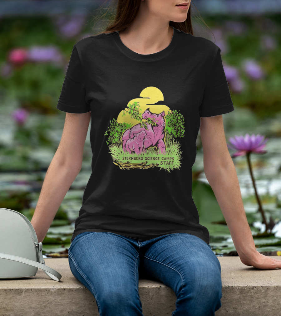 Sternberg Science Camps Staff Pink Dinosaurs Under Yellow Sun T-Shirt