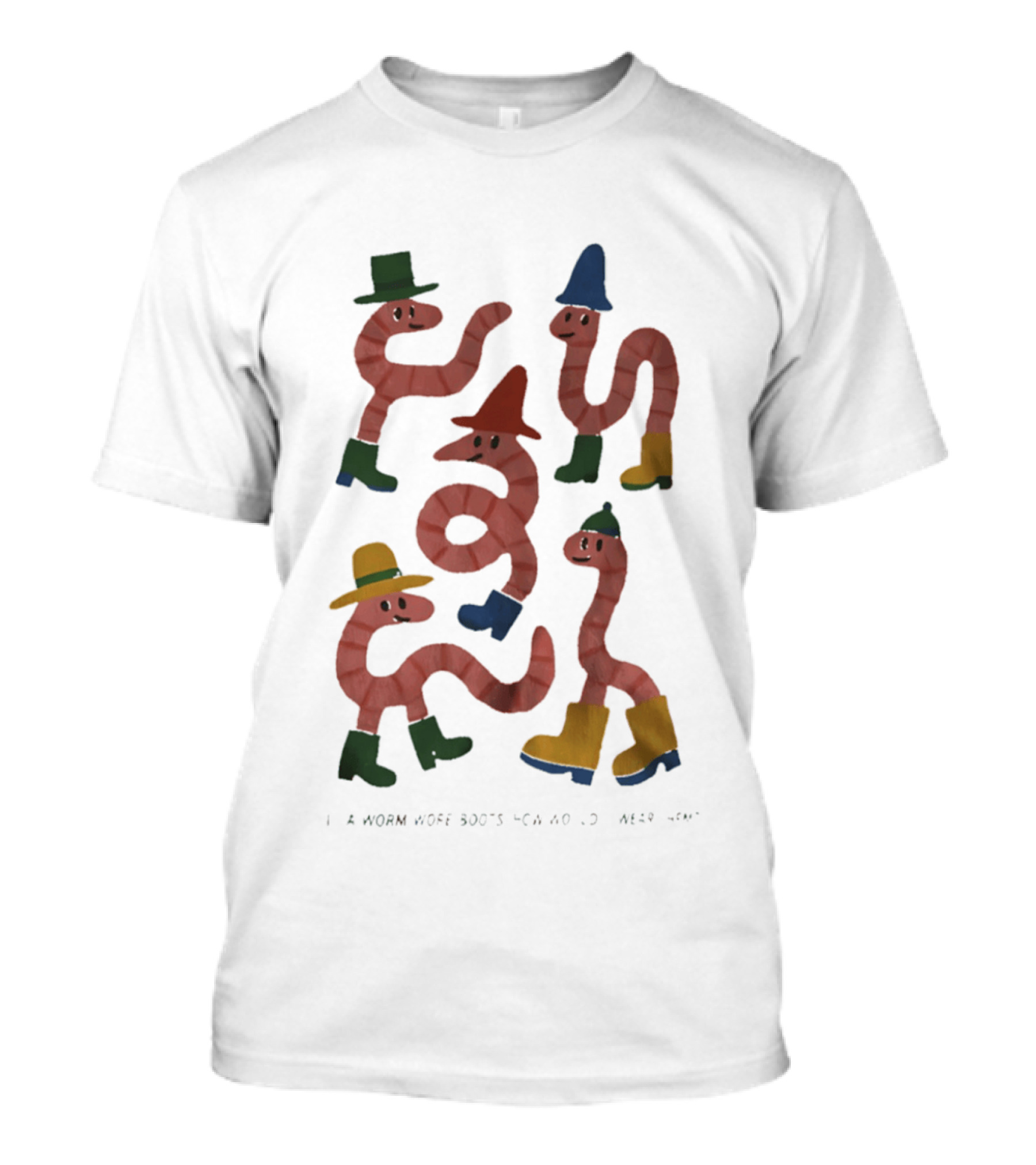 Whimsical Worms In Colorful Boots With Hats And Smiles T-Shirt