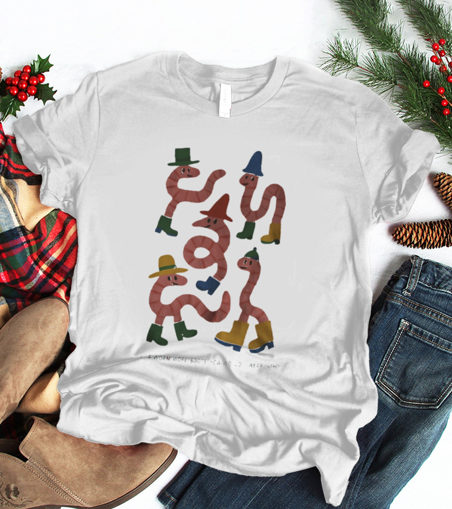 Whimsical Worms In Colorful Boots With Hats And Smiles T-Shirt